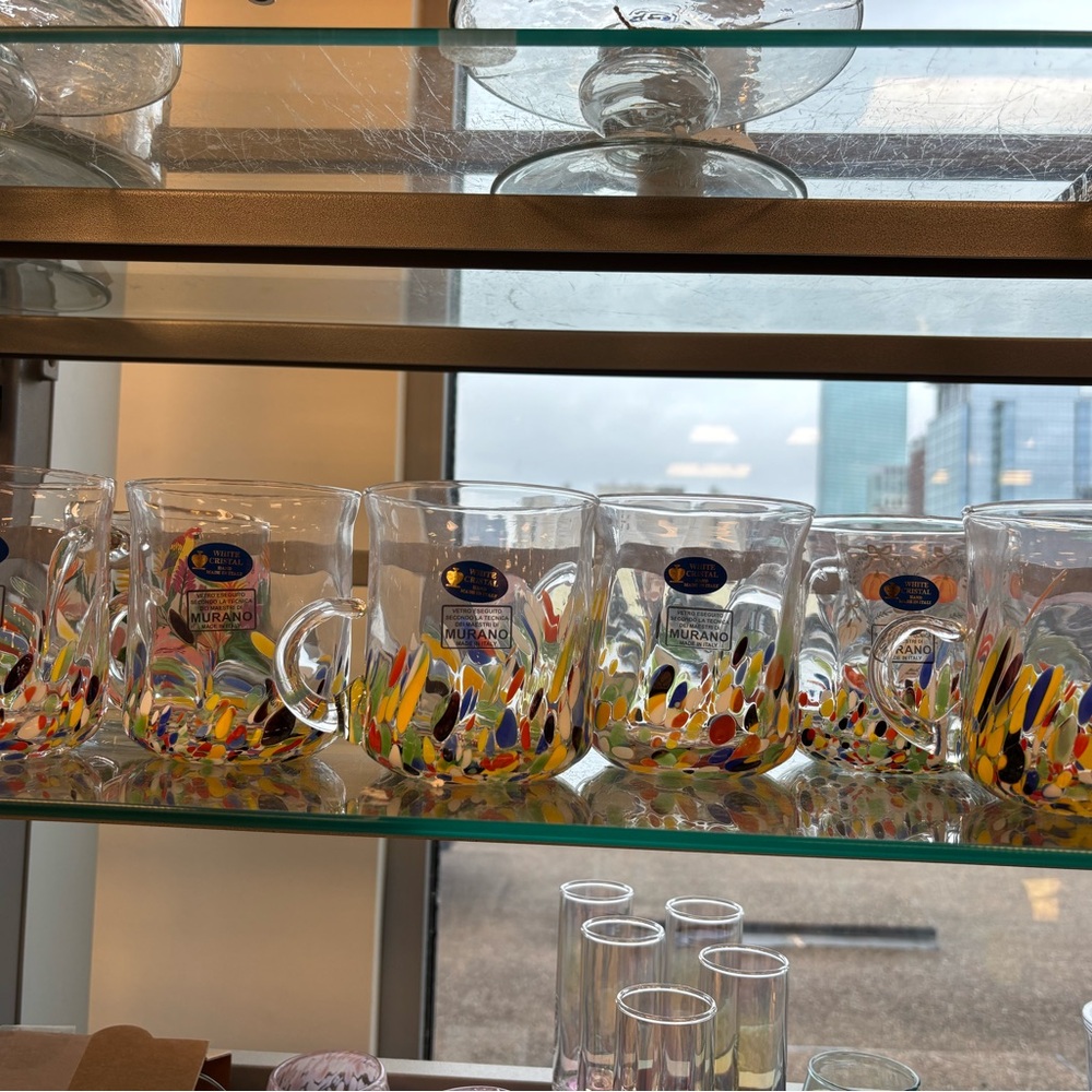 New Murano Venetian White Crystal Hand Blown Confetti Studio Art Glass Mugs